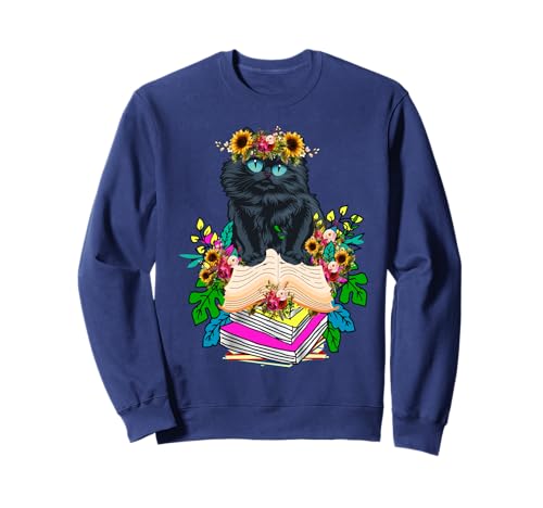 Damen Buchliebhaber Blumenkatze auf Büchern Haustierbesitzer Sweatshirt von Frauen süßes Tier lustige Grafiken