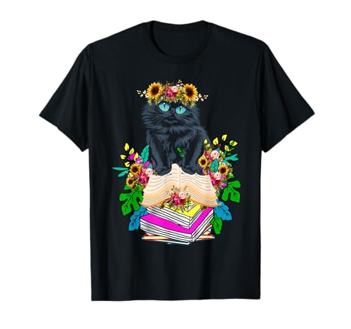 Damen Buchliebhaber Blumenkatze auf Büchern Haustierbesitzer T-Shirt von Frauen süßes Tier lustige Grafiken