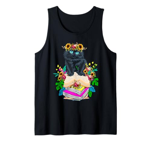 Damen Buchliebhaber Blumenkatze auf Büchern Haustierbesitzer Tank Top von Frauen süßes Tier lustige Grafiken