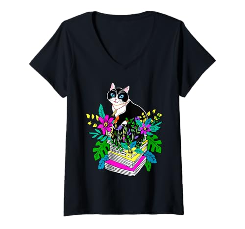 Damen Damen Buchliebhaber Blumenkatze auf Büchern Haustierbesitzer T-Shirt mit V-Ausschnitt von Frauen süßes Tier lustige Grafiken