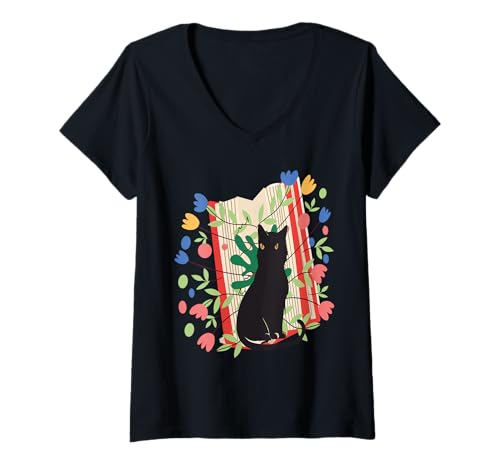 Damen Damen Buchliebhaber Blumenkatze auf Büchern Haustierbesitzer T-Shirt mit V-Ausschnitt von Frauen süßes Tier lustige Grafiken