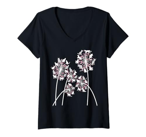 Damen Katze Löwenzahn lustige Blume Bunte Haustiere für Frauen T-Shirt mit V-Ausschnitt von Frauen süßes Tier lustige Grafiken