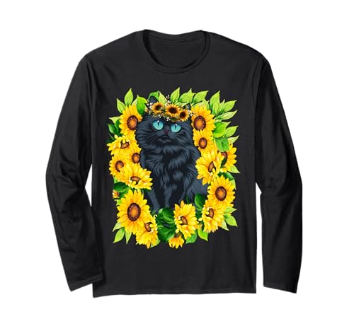 Katze für Frauen Sonnenblume Blumenblume mit Katzenästhetik Langarmshirt von Frauen süßes Tier lustige Grafiken
