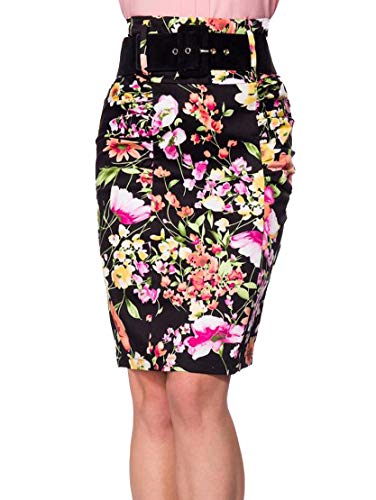 Bunter schmaler Blumen Bleistiftrock mit hohem Bund und Gürtel Reißverschluss hinten Knielang Rockabilly Rock Damen Retro M von Frauen