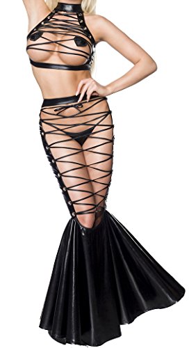 Frauen Erotisches Damen Dessous Wetlook eng Set aus Neckholder Top Maxirock Meerjungfrau-Schnitt und String in schwarz mit Ösen und glänzend S von Frauen