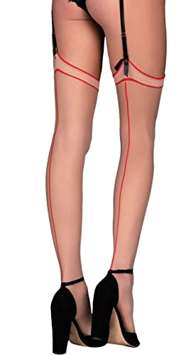 Frauen Halterlose Damen Dessous Strümpfe Stockings beige mit roten Streifen Strapsstrümpfe transparent natur 20 den 2 von Frauen