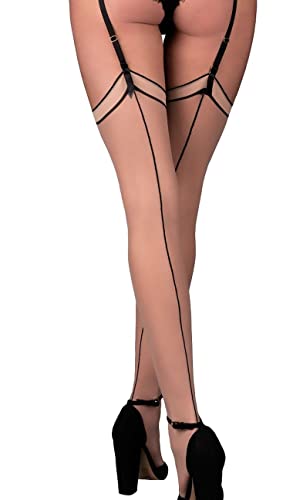 Frauen Halterlose Damen Dessous Strümpfe Stockings beige mit schwarzen Streifen Strapsstrümpfe transparent natur 20 den 4 von Frauen