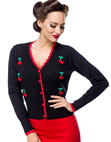Frauen Schwarze Basic Damen Strick-Jacke mit gestickten Kirschen Langen Ärmeln und roten Punkten Retro zum knöpfen vorn Vintage XL von Frauen