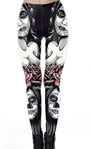 Frauen Schwarze Damen Gothic Wetlook Leggings mit Día de Muertos Totenkopf und Strumpfhose Optik elastischer Bund XL von Frauen