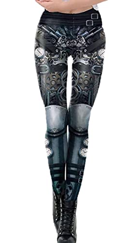 Frauen Schwarze Damen Steampunk Wetlook Leggings mit Zahnräder Uhren und Strumpfhose Optik elastischer Bund L von Frauen