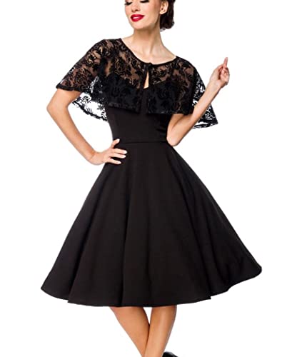 Schwarzes knielanges Swing Kleid im High Waist Schnitt mit Cape und V-Ausschnitt Vollglocke und Flockdruck Bandeau Dreiviertel Ärmel XL von Frauen