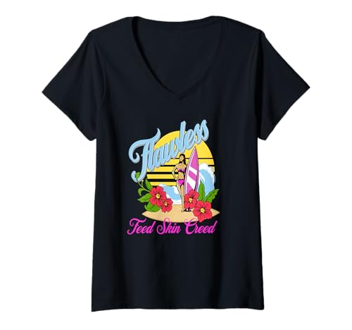 Damen Makellose Strandvibes Surf-Schönheit Sommerfeeling T-Shirt mit V-Ausschnitt Damen Makellose Strandvibes Surf-Schönheit Sommerfeeling T-Shirt mit V-Ausschnitt von Frauenpower Bikini Sonne Lebensfreude