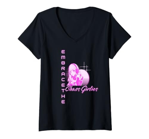 Damen Chaos Girls Ästhetik Anime Pink Vibes T-Shirt mit V-Ausschnitt von Frauenpower Vaporwave Manga Ausdruck