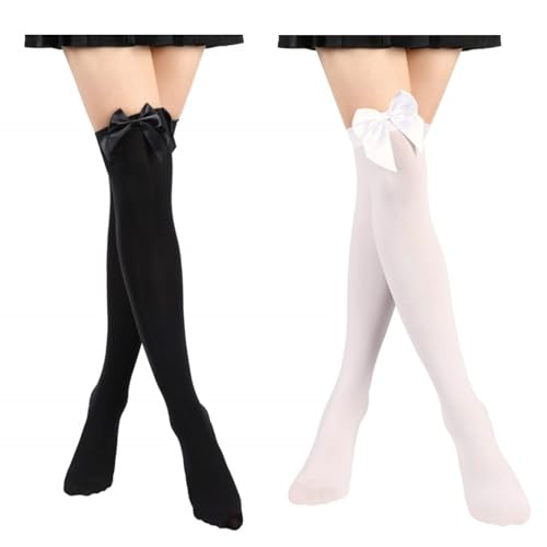 Frdelma Strümpfe mit Schleife Damen,Overknees Strümpfe Damen mit Schleife Thigh High Socks overknee strümpfe Knee High Socks für Mädchen Cosplay Party Weihnachten (Schwarz, Weiss von Frdelma