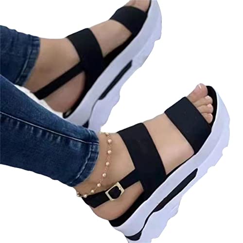 Aouln Flache Damen Sandalen mit Keilabsatz, Sandalen mit offenen Zehen, Knöchelriemen Schuhe, atmungsaktiver Dornschließe, Neigungsplattform, Riemchen von Frdun