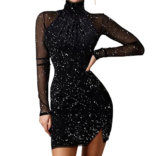 Frdun Aouln Damen Glitzer Minikleider, Schmales Minikleid, Stehkragen, GlitzerDesign, Mesh-Kontrastärmel, figurbetontes Midi Wickelkleid, Bleistiftkleid, Abendkleid für Cocktailparty von Frdun