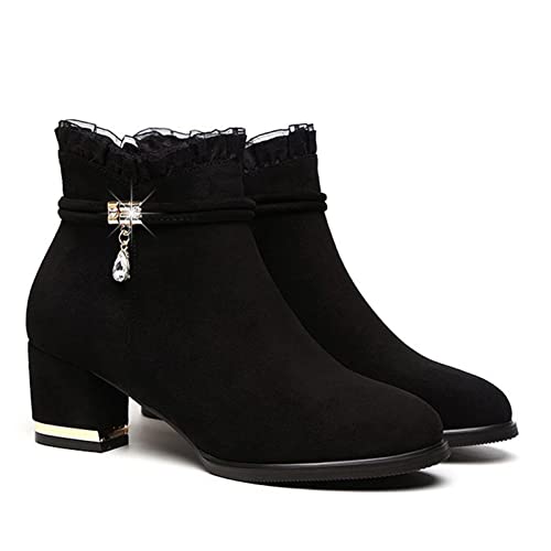 Frdun Damen Mesh Stiefel mit kurzem Zylinder und Absatz, Damen Blockabsatz Chunky Heels Stiefeletten Verlängert Ihre Beine mit Stil Plateau High Heel, Schwarzes Fleecefutter, 38 EU von Frdun