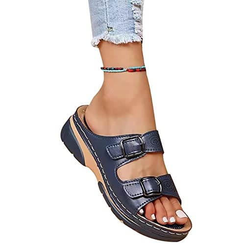Frdun Flache Damen-Sandalen, rutschfeste Schuhe mit 2 Schnallen, hellblaue Slide-Hausschuhe mit PU-Premium-Material, große Größe für Büro, Shopping, Dating von Frdun