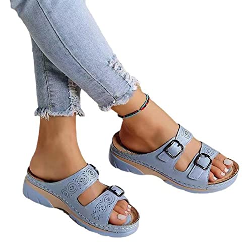 Frdun Flache Damen-Sandalen, rutschfeste Schuhe mit 2 Schnallen, hellblaue Slide-Hausschuhe mit PU-Premium-Material, große Größe für Büro, Shopping, Dating von Frdun