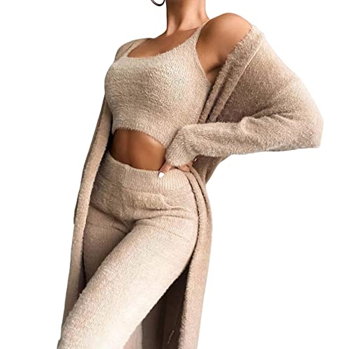 Frdun Sexy Solid Fleece Pyjama Anzug, Damen Fuzzy Pajamas 3pc Anzug, Hooded Cardigan Crop Top, Open Front Cardigan Crop Tank Top für Alltag Arbeit Einkaufen von Frdun