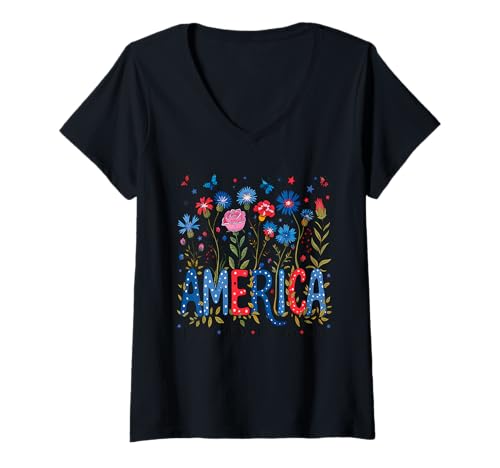 Damen Amerika - Blume - Freadom - Brave - Independence - Power T-Shirt mit V-Ausschnitt Damen Amerika - Blume - Freadom - Brave - Independence - Power T-Shirt mit V-Ausschnitt von Freadom - Brave - Independence - Power - America