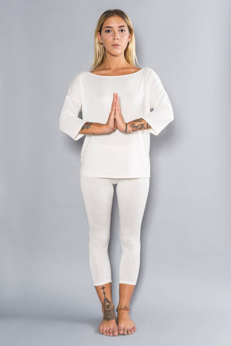 Bambus Weißes Top, Dreiviertel Ärmel Boatneck T-Shirt, U-Boot-Ausschnitt Kundalini Yoga Weiß Hergestellt in Italien Bambus Weißes Top, Dreiviertel Ärmel Boatneck T-Shirt, U-Boot-Ausschnitt Kundalini Yoga Weiß Hergestellt in Italien von FreakLeChicIT