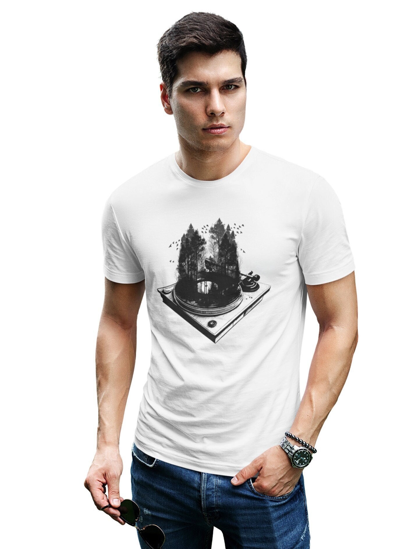 Wald Auf Schallplatte T-Shirt Herren Natur Grafik Moderner Druck Shirt Mann Baum Musik T Shirt von FreakyDesignShop
