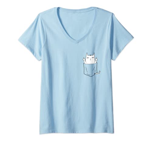 Damen Katze in der Tasche - Katze Mittelfinger T-Shirt mit V-Ausschnitt Damen Katze in der Tasche - Katze Mittelfinger T-Shirt mit V-Ausschnitt von Freche Katze in der Brusttasche zeigt Stinkefinger