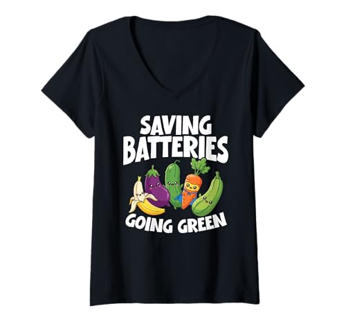 Damen Batterien Sparen Grüner Werden Spaß Gemüse Gemüse Humor T-Shirt mit V-Ausschnitt von Freche Lustige Sarkastische Erwachsene Humor Meme