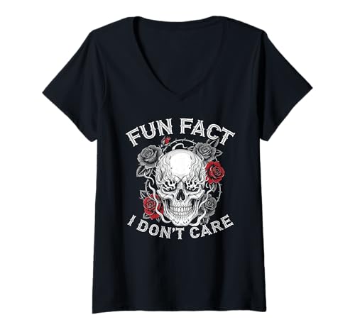 Damen Fun Fact I Don't Care Schädel Rosen Gothic Biker Edgy Humor T-Shirt mit V-Ausschnitt von Freche Lustige Sarkastische Erwachsene Humor Meme