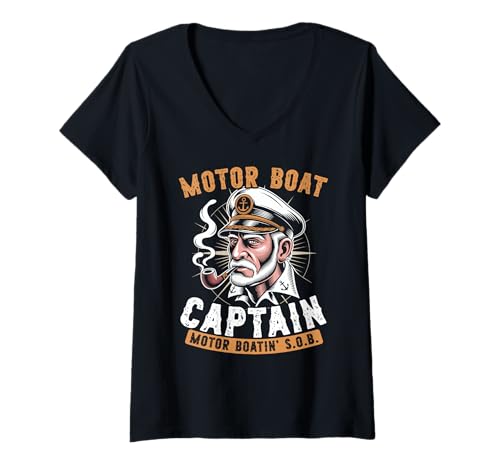 Damen Motorbootkapitän Motorbootfahren S.o.b. Nautisch Maritim T-Shirt mit V-Ausschnitt von Freche Lustige Sarkastische Erwachsene Humor Meme