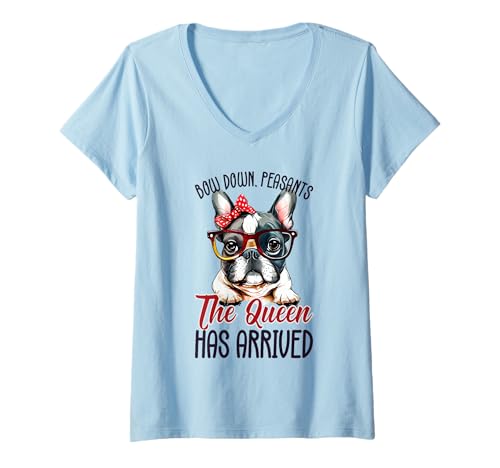 Damen Lustige süße französische Bulldogge Königin Meme Frenchie T-Shirt mit V-Ausschnitt Damen Lustige süße französische Bulldogge Königin Meme Frenchie T-Shirt mit V-Ausschnitt von Freche französische Bulldogge & Brille für