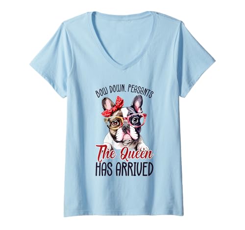 Damen Lustige süße französische Bulldogge Königin Meme Frenchie T-Shirt mit V-Ausschnitt Damen Lustige süße französische Bulldogge Königin Meme Frenchie T-Shirt mit V-Ausschnitt von Freche französische Bulldogge & Brille für