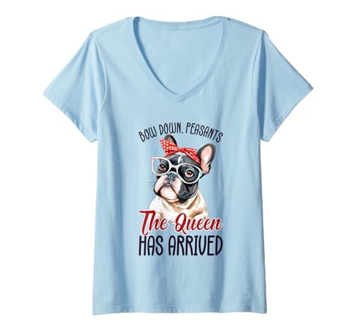 Damen Lustige süße französische Bulldogge Königin Meme Frenchie T-Shirt mit V-Ausschnitt Damen Lustige süße französische Bulldogge Königin Meme Frenchie T-Shirt mit V-Ausschnitt von Freche französische Bulldogge & Brille für