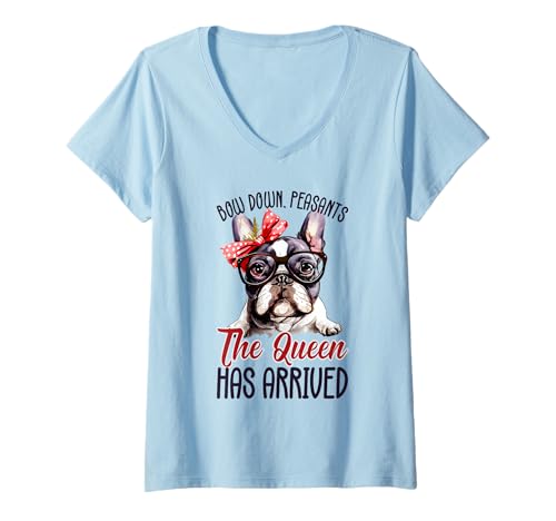 Damen Lustige süße französische Bulldogge Königin Meme Frenchie T-Shirt mit V-Ausschnitt Damen Lustige süße französische Bulldogge Königin Meme Frenchie T-Shirt mit V-Ausschnitt von Freche französische Bulldogge & Brille für