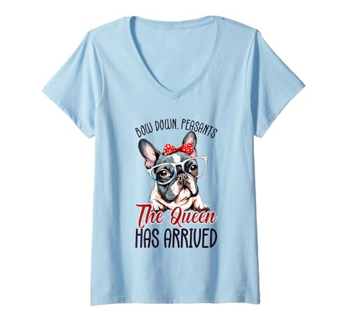 Damen Lustige süße französische Bulldogge Königin Meme Frenchie T-Shirt mit V-Ausschnitt Damen Lustige süße französische Bulldogge Königin Meme Frenchie T-Shirt mit V-Ausschnitt von Freche französische Bulldogge & Brille für