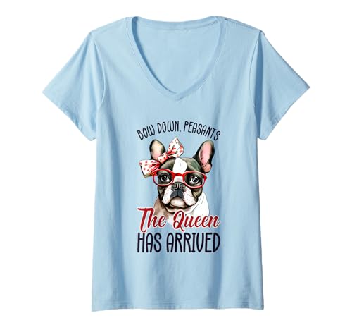 Damen Lustige süße französische Bulldogge Königin Meme Frenchie T-Shirt mit V-Ausschnitt Damen Lustige süße französische Bulldogge Königin Meme Frenchie T-Shirt mit V-Ausschnitt von Freche französische Bulldogge & Brille für