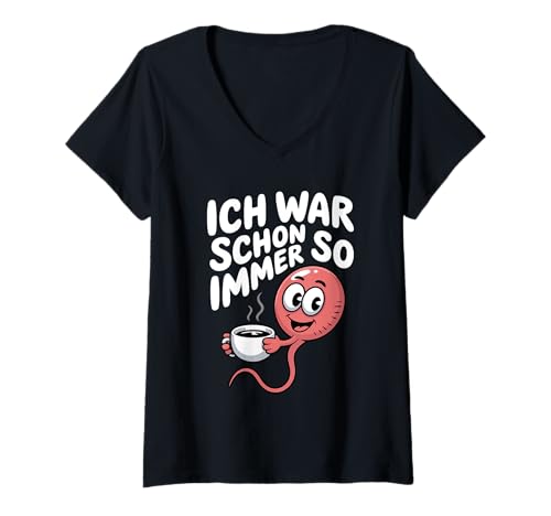Damen Lustiger Kaffeeliebhaber Spruch und Morgenmuffel Cartoon Fun T-Shirt mit V-Ausschnitt von Frecher Morgenhumor mit Spermium als Spaßmotiv