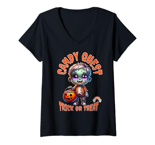 Damen Candy Quest Süßes Zombie Halloween Kostüm Lustig T-Shirt mit V-Ausschnitt Damen Candy Quest Süßes Zombie Halloween Kostüm Lustig T-Shirt mit V-Ausschnitt von Frecher Zombie Junge Süßigkeit Grusel Nacht