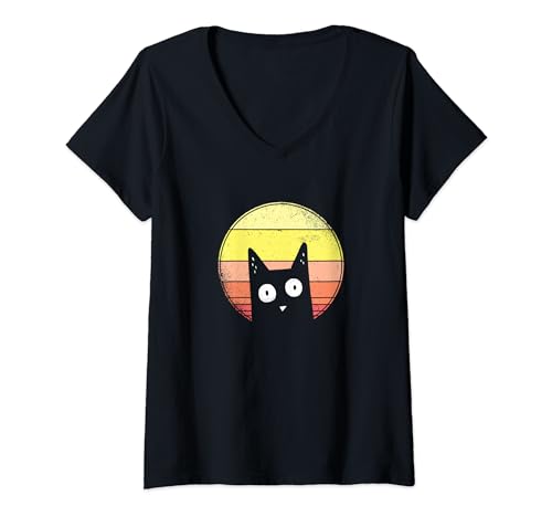 Damen Katzenmotiv mit einer schwarzen Katze vor einer retro Sonne T-Shirt mit V-Ausschnitt Damen Katzenmotiv mit einer schwarzen Katze vor einer retro Sonne T-Shirt mit V-Ausschnitt von Freches Katzerl