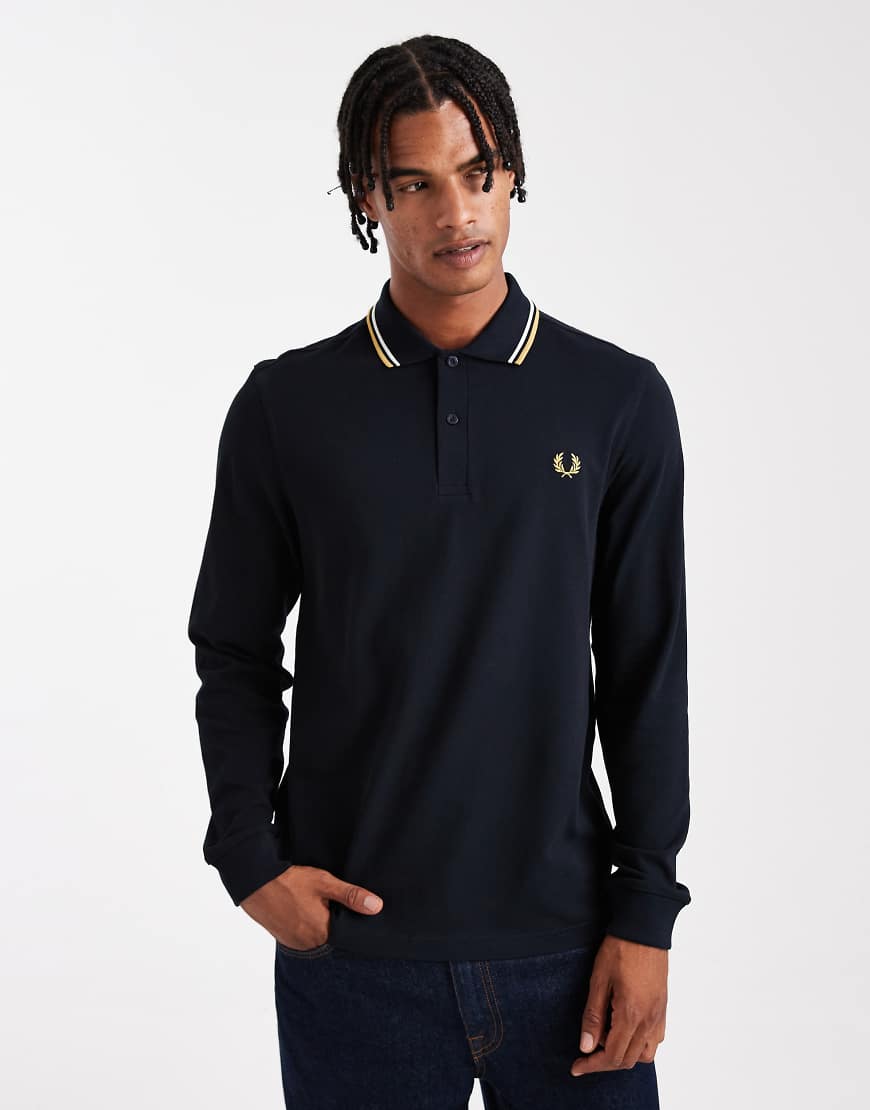 Fred Perry - Langärmliges Polohemd in Marineblau mit Zierstreifen von Fred Perry