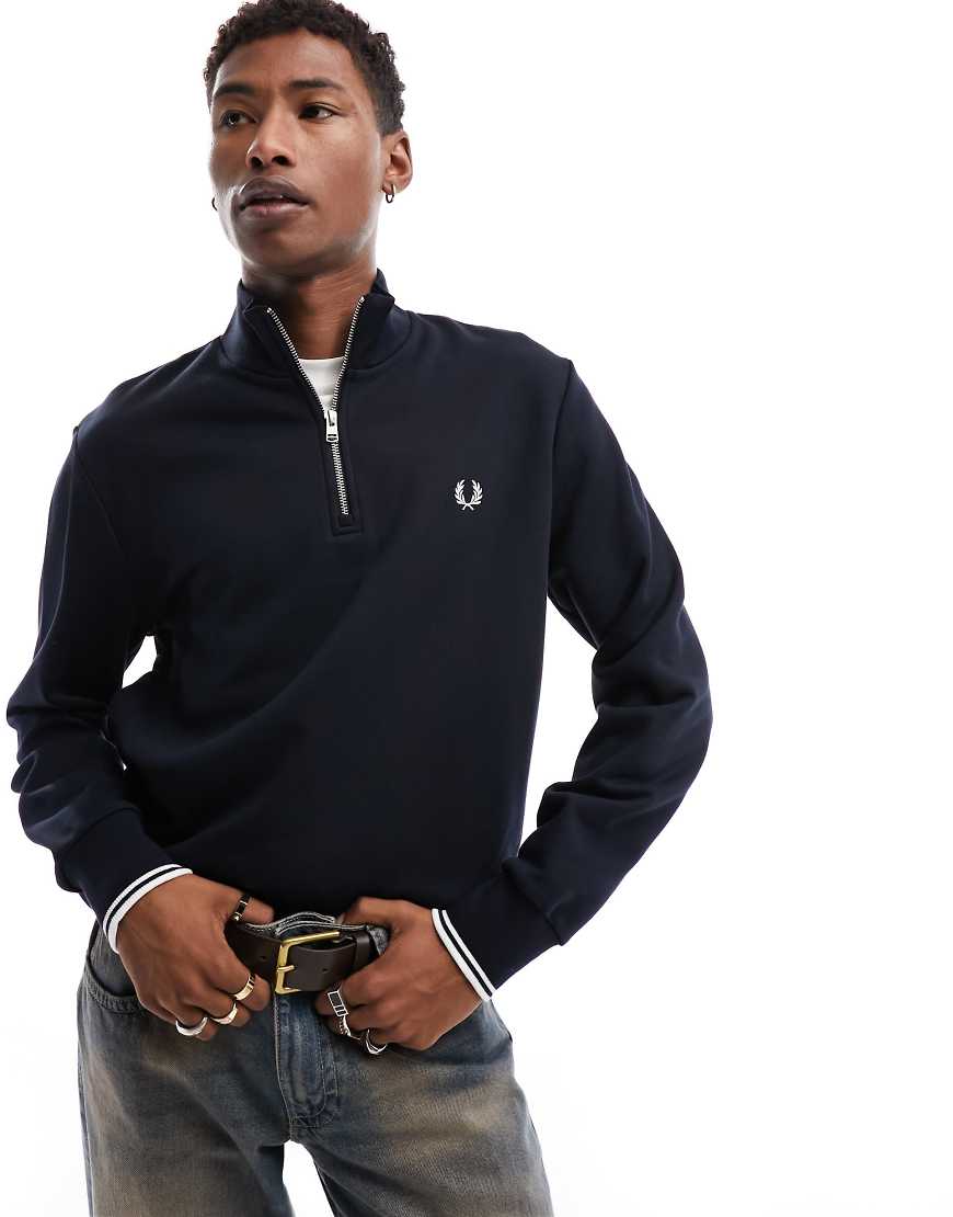 Fred Perry - Sweatshirt in Navy mit kurzem Reißverschluss-Marineblau von Fred Perry