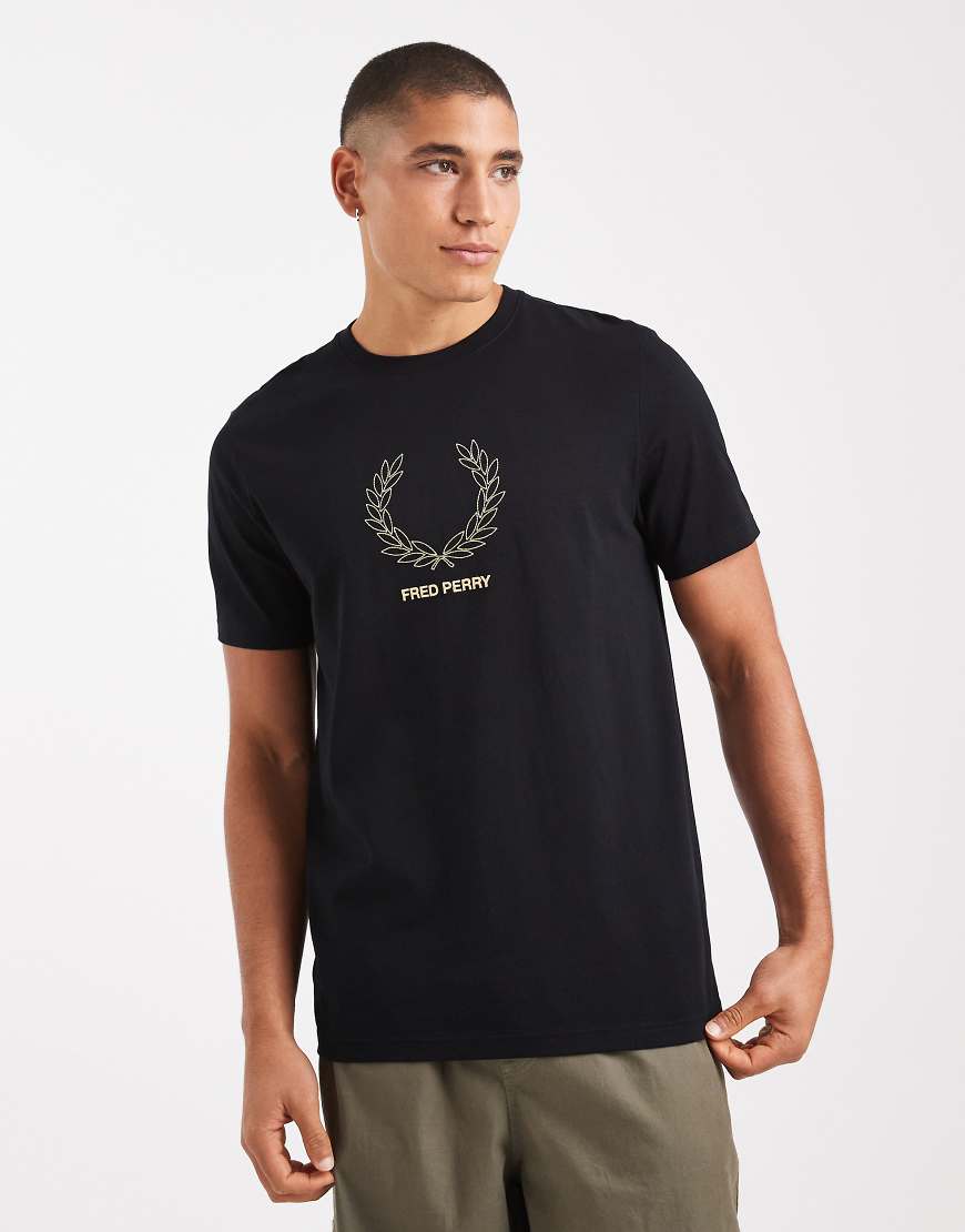 Fred Perry - T-Shirt in Schwarz mit Lorbeerkranz-Umriss-Print von Fred Perry