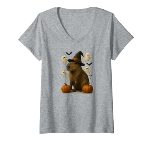 Damen Halloween-Wasserschwein T-Shirt mit V-Ausschnitt Damen Halloween-Wasserschwein T-Shirt mit V-Ausschnitt von Fred's Capybara Themed Products