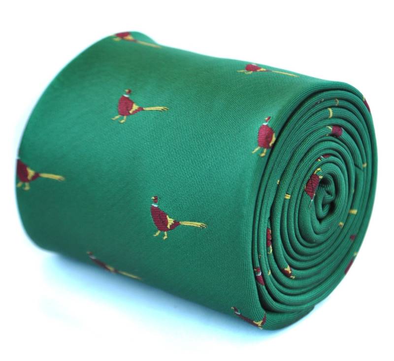 Dunkelgrüne Krawatte Mit Fasan-Design Signatur-Blumenmuster Hinten Von Friedrich Thomas Ft1920 Jagd von FrederickThomas