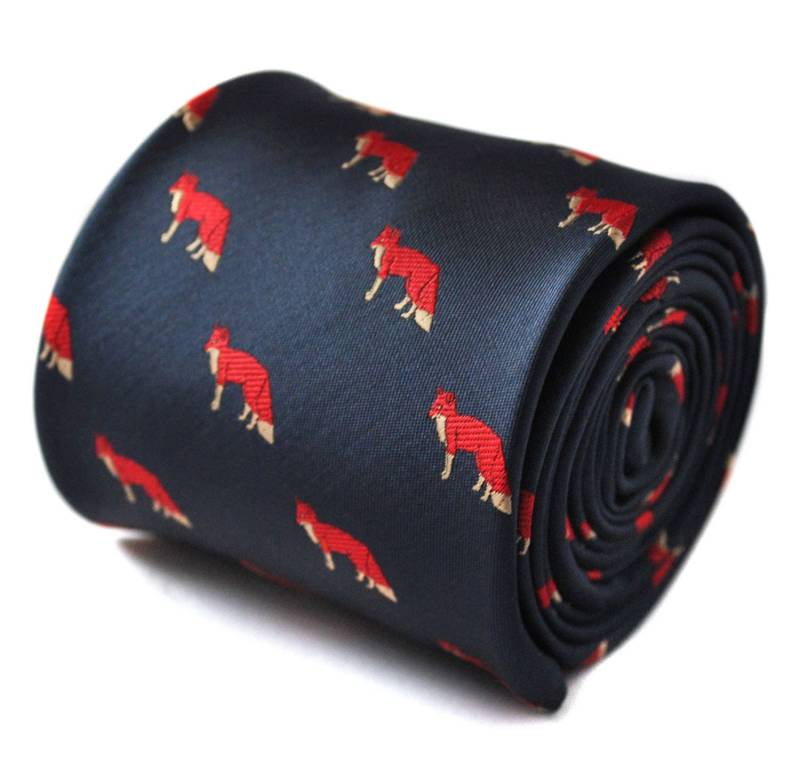 Navy Krawatte Mit Rotfuchs Bestickt Design Signatur Blumenmuster Auf Der Rückseite Von Friedrich Thomas Ft1520 Jagdsaison von FrederickThomas