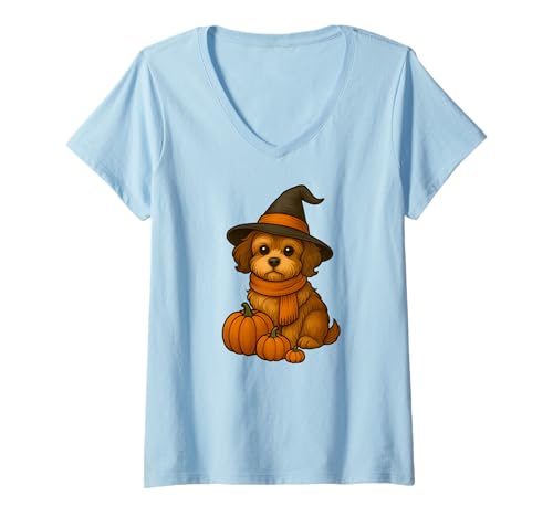 Damen Halloween Havaneser Hund T-Shirt mit V-Ausschnitt von Fredz Havanese Gifts