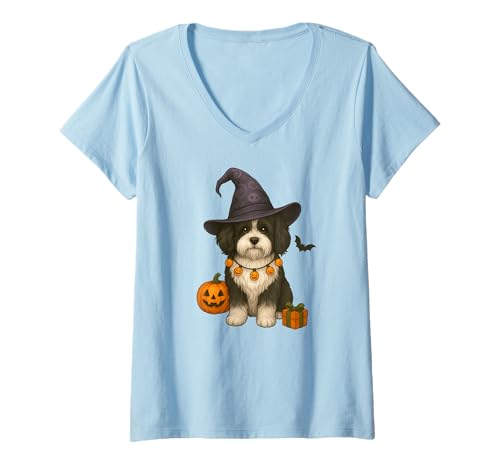 Damen Halloween schwarz-weiß Havaneser Hund, T-Shirt mit V-Ausschnitt von Fredz Havanese Gifts