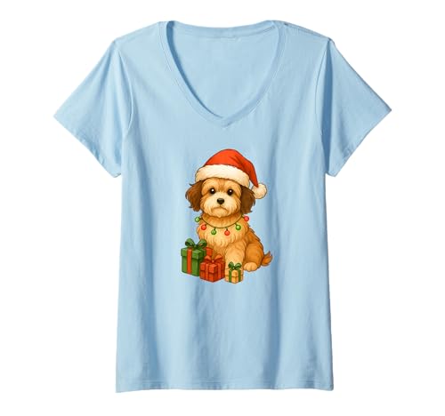 Damen Weihnachten Havaneser Hund, Weihnachtsbeleuchtung, Nikolausmütze T-Shirt mit V-Ausschnitt von Fredz Havanese Gifts