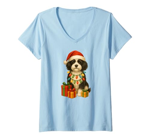 Damen Weihnachten Havaneser Hund, Weihnachtsbeleuchtung, Nikolausmütze T-Shirt mit V-Ausschnitt von Fredz Havanese Gifts